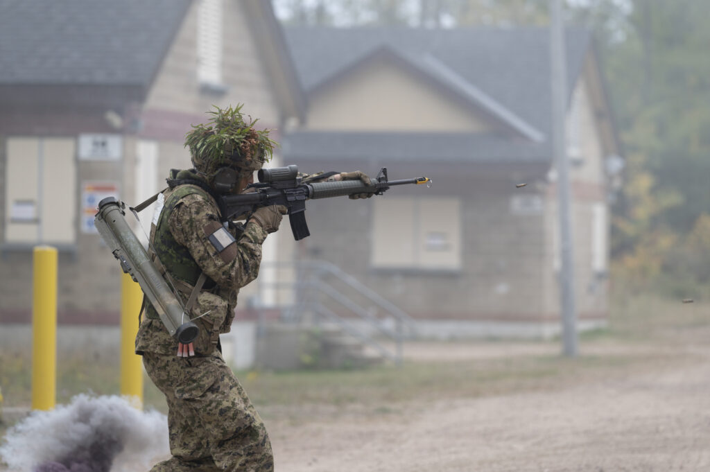 Stakeholders participate in Urban Ops Warfare Demo, alongside The 3rd Battalion Royal Canadian Regiment, during Collaborative Spirit, at CFB Petawawa, on September 26, 2025, to see how Urban Warfare is conducted by Canadian Soldiers. Photo credit to Cpl Surphlis, Canadian Armed Forces.