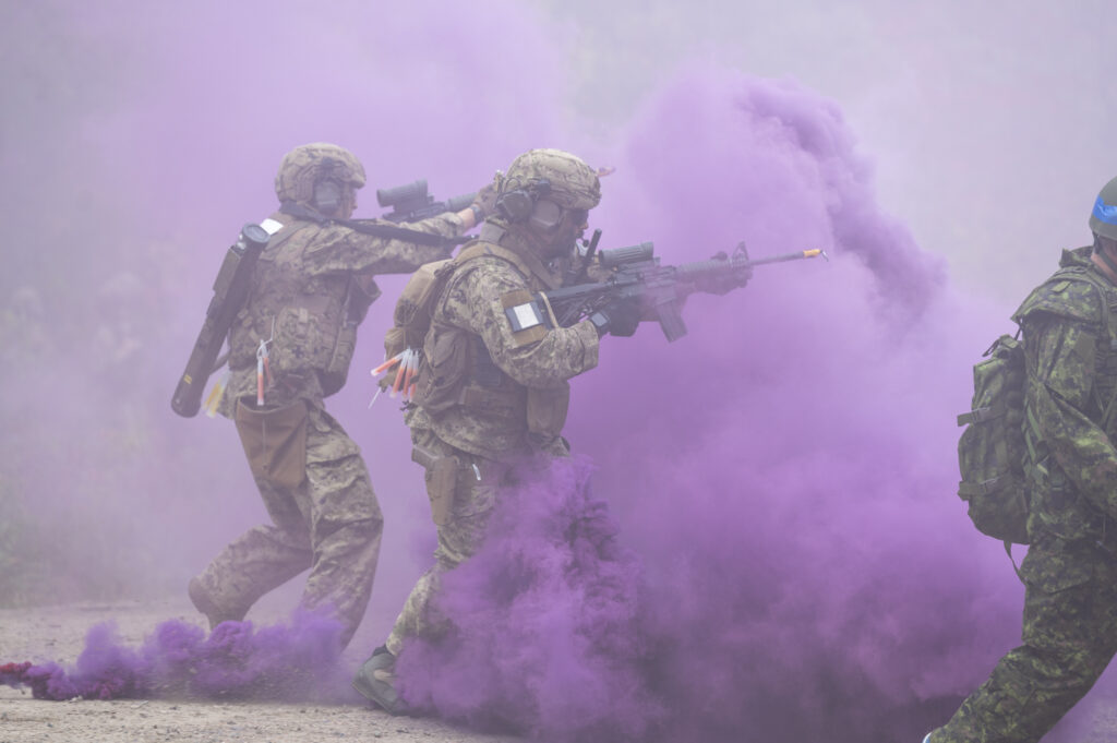 Stakeholders participate in Urban Ops Warfare Demo, alongside The 3rd Battalion Royal Canadian Regiment, during Collaborative Spirit, at CFB Petawawa, on September 26, 2025, to see how Urban Warfare is conducted by Canadian Soldiers. Photo credit to Cpl Surphlis, Canadian Armed Forces.