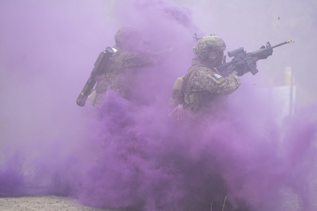 Stakeholders participate in Urban Ops Warfare Demo, alongside The 3rd Battalion Royal Canadian Regiment, during Collaborative Spirit, at CFB Petawawa, on September 26, 2025, to see how Urban Warfare is conducted by Canadian Soldiers. Photo credit to Cpl Surphlis, Canadian Armed Forces.